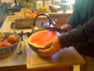 A different colored watermelon. Don't know if you can see it, but the surface was an dark purple, almost black color. Those awesome anthocyanin at work again!