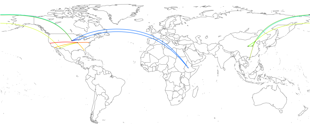 James's travels Dec 2012-May 2015. Click to zoom in. Some trips not shown to increase legibility.